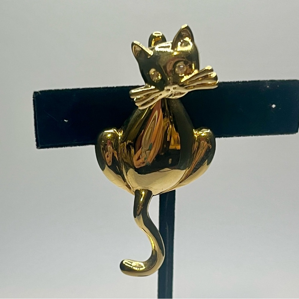 vintage gold tone trembling cat brooch signed CMJENT - Picture 3 of 7